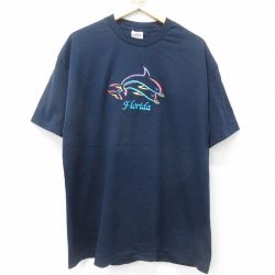 XL★古着 半袖 ビンテージ Tシャツ メンズ 00年代 00s イルカ 刺繍 コットン クルーネック 紺 ネイビー 24jul15 中古