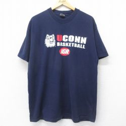【50%OFF】XL★古着 半袖 ビンテージ Tシャツ メンズ 90年代 90s UCONN バスケットボール 大きいサイズ コットン クルーネック 紺 ネイビー 24jul15 中古