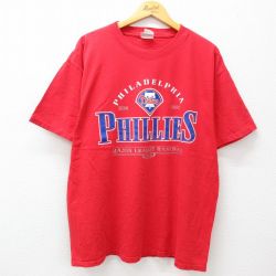 【50%OFF】XL★古着 半袖 ビンテージ Tシャツ メンズ 00年代 00s MLB フィラデルフィアフィリーズ ラメ 大きいサイズ クルーネック 赤 レッド メジャーリーグ ベースボール 野球 24jul15 中古