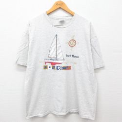 XL★古着 ヘインズ Hanes 半袖 ビンテージ Tシャツ メンズ 90年代 90s ビーチヘブン ヨット 方位磁石 クルーネック 薄グレー 霜降り 24jul16 中古