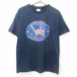【50%OFF】L★古着 半袖 ビンテージ Tシャツ メンズ 00年代 00s INDEPENDENCE 星条旗 ラメ コットン クルーネック 紺 ネイビー 24jul18 中古