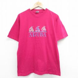 L★古着 半袖 ビンテージ Tシャツ メンズ 00年代 00s ARUBA 刺繍 コットン クルーネック 濃ピンク 24jul18 中古
