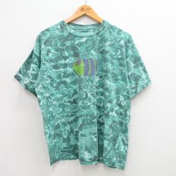 XL★古着 半袖 ビンテージ Tシャツ メンズ 90年代 90s 魚 コットン クルーネック 緑 グリーン タイダイ 24jul30 中古