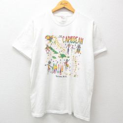 M★古着 ヘインズ Hanes 半袖 ビンテージ Tシャツ メンズ 00年代 00s CARIBBEAN 地図 コットン クルーネック 白 ホワイト 25mar29 中古