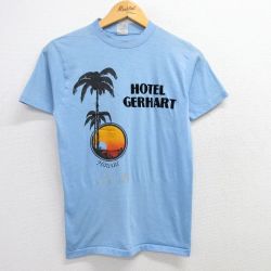 S★古着 半袖 ビンテージ Tシャツ メンズ 80年代 80s ヤシの木 HOTEL フロッキープリント クルーネック USA製 薄紺 ネイビー 25mar29 中古