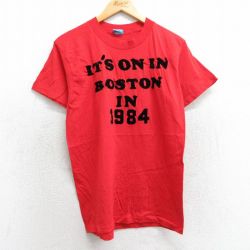 M★古着 スクリーンスターズ 半袖 ビンテージ Tシャツ メンズ 80年代 80s ボストン フロッキープリント クルーネック USA製 赤 レッド 25mar29 中古
