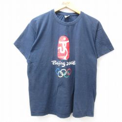 XL★古着 半袖 ビンテージ Tシャツ メンズ 00年代 00s 北京オリンピック コットン クルーネック 紺 ネイビー 25apr01 中古