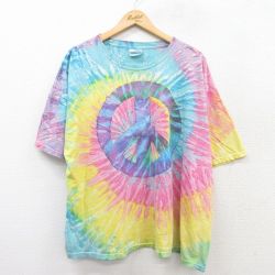 【50%OFF】XL★古着 ヘインズ Hanes 半袖 ビンテージ Tシャツ メンズ 00年代 00s ピースマーク 大きいサイズ コットン クルーネック 黄他 イエロー タイダイ 【spe】 25apr02 中古