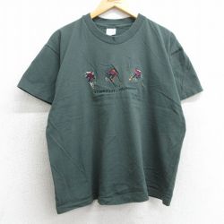 XL★古着 半袖 ビンテージ Tシャツ メンズ 90年代 90s スキー 刺繍 コットン クルーネック 濃緑系 グリーン 25apr05 中古