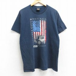 L★古着 半袖 ビンテージ Tシャツ メンズ 90年代 90s 星条旗 馬車 コットン クルーネック USA製 紺 ネイビー 25apr10 中古