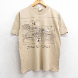 M★古着 ヘインズ Hanes 半袖 ビンテージ Tシャツ メンズ 90年代 90s 船 港 コットン クルーネック USA製 ベージュ カーキ 25apr10 中古
