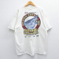 XL★古着 半袖 ビンテージ Tシャツ メンズ 90年代 90s サメ 企業広告 胸ポケット付き 大きいサイズ コットン クルーネック USA製 白 ホワイト 25apr11 中古