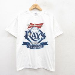 M★古着 ヘインズ Hanes 半袖 ビンテージ Tシャツ メンズ 00年代 00s MLB タンパベイレイズ バドワイザー バドライト コットン クルーネック 白 ホワイト メジャーリーグ ベースボール 野球 25apr15 中古