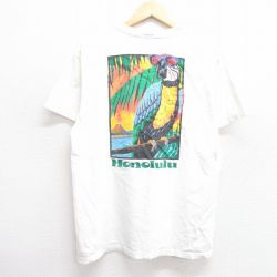 M★古着 半袖 ビンテージ Tシャツ メンズ 90年代 90s プラネットハリウッド ホノルル オウム コットン クルーネック USA製 白 ホワイト 25apr16 中古