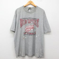 XL★古着 リー Lee 半袖 ビンテージ Tシャツ メンズ 90年代 90s NHL デトロイトレッドウィングス 大きいサイズ クルーネック USA製 グレー 霜降り アイスホッケー 25apr23 中古