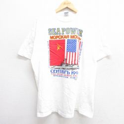 XL★古着 半袖 ビンテージ Tシャツ メンズ 90年代 90s SEA POWER 星条旗 コットン クルーネック USA製 白 ホワイト 25apr23 中古
