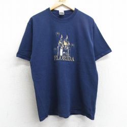 【50%OFF】L★古着 フルーツオブザルーム 半袖 ビンテージ Tシャツ メンズ 00年代 00s フロリダ 城 刺繍 コットン クルーネック 紺 ネイビー 25apr24 中古