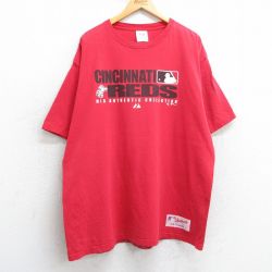 XL★古着 マジェスティック 半袖 ビンテージ Tシャツ メンズ 00年代 00s MLB シンシナティレッズ 大きいサイズ ロング丈 コットン クルーネック 赤 レッド メジャーリーグ ベースボール 野球 25apr24 中古