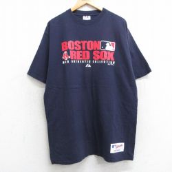 XL★古着 マジェスティック 半袖 ビンテージ Tシャツ メンズ 00年代 00s MLB ボストンレッドソックス ロング丈 コットン クルーネック 紺 ネイビー メジャーリーグ ベースボール 野球 25apr24 中古