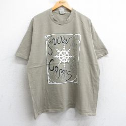 XL★古着 半袖 ビンテージ Tシャツ メンズ 90年代 90s 雪柄 大きいサイズ コットン クルーネック USA製 ベージュ カーキ 25apr25 中古