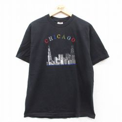 【50%OFF】L★古着 半袖 ビンテージ Tシャツ メンズ 00年代 00s シカゴ 刺繍 コットン クルーネック 黒 ブラック 25apr25 中古