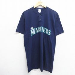 L★古着 マジェスティック 半袖 ビンテージ Tシャツ メンズ 00年代 00s MLB シアトルマリナーズ ヘンリーネック 紺 ネイビー メジャーリーグ ベースボール 野球 25apr30 中古