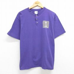 00s 半袖ヘンリーネックTシャツ 灯台 パープル L | 古着