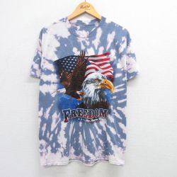 【50%OFF】L★古着 半袖 ビンテージ Tシャツ メンズ 00年代 00s 鳥 星条旗 クルーネック 紺他 ネイビー ブリーチ加工 25may01 中古