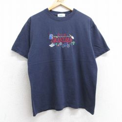 【50%OFF】L★古着 半袖 ビンテージ Tシャツ メンズ 90年代 90s グランマ 自転車 ラケット 刺繍 コットン クルーネック 紺 ネイビー 25may01 中古