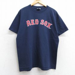 L★古着 マジェスティック 半袖 ビンテージ Tシャツ メンズ 00年代 00s MLB ボストンレッドソックス コットン クルーネック 紺 ネイビー メジャーリーグ ベースボール 野球 25may01 中古
