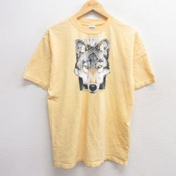 M★古着 半袖 ビンテージ Tシャツ メンズ 00年代 00s オオカミ コットン クルーネック 黄 イエロー 25may01 中古