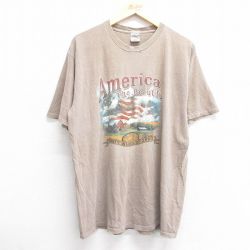 【50%OFF】L★古着 半袖 ビンテージ Tシャツ メンズ 90年代 90s 星条旗 アメリカ コットン クルーネック USA製 ベージュ カーキ 25may01 中古