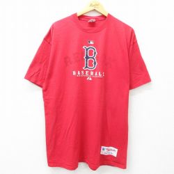XL★古着 マジェスティック 半袖 ビンテージ Tシャツ メンズ 00年代 00s MLB ボストンレッドソックス 大きいサイズ ロング丈 コットン クルーネック 赤 レッド メジャーリーグ ベースボール 野球 25may01 中古