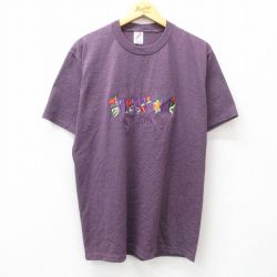 L★古着 ジャージーズ 半袖 ビンテージ Tシャツ メンズ 90年代 90s ハワイ 花 刺繍 クルーネック USA製 紫 パープル 霜降り 25may01 中古