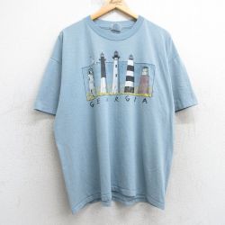 XL★古着 ヘインズ Hanes 半袖 ビンテージ Tシャツ メンズ 90年代 90s 灯台 ジョージア 大きいサイズ クルーネック 薄紺 ネイビー 25may01 中古