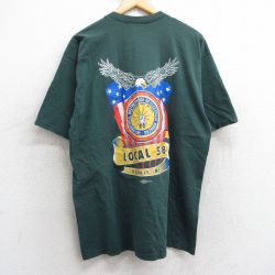 【50%OFF】XL★古着 半袖 ビンテージ Tシャツ メンズ 90年代 90s 鳥 星条旗 LOCAL58 胸ポケット付き コットン クルーネック USA製 緑 グリーン 25may01 中古
