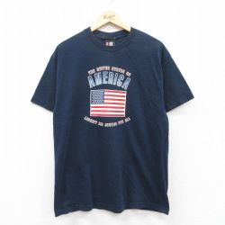 L★古着 半袖 ビンテージ Tシャツ メンズ 90年代 90s 星条旗 アメリカ コットン クルーネック USA製 紺 ネイビー 25may02 中古
