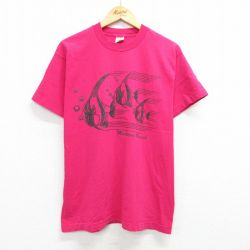 L★古着 フルーツオブザルーム 半袖 ビンテージ Tシャツ メンズ 90年代 90s 魚 コットン クルーネック USA製 濃ピンク 【spe】 25may07 中古