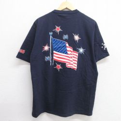 【50%OFF】L★古着 半袖 ビンテージ Tシャツ メンズ 90年代 90s 星条旗 CAPPYS コットン ヘンリーネック 紺 ネイビー 25may07 中古