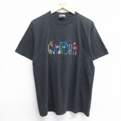 L★古着 半袖 ビンテージ Tシャツ メンズ 00年代 00s カンクン 魚 刺繍 コットン クルーネック 黒 ブラック 25may07 中古