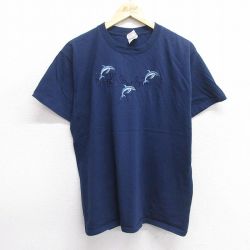 【50%OFF】L★古着 フルーツオブザルーム 半袖 ビンテージ Tシャツ メンズ 00年代 00s イルカ ワイルドウッドクレスト刺繍 コットン クルーネック 紺 ネイビー 25may07 中古