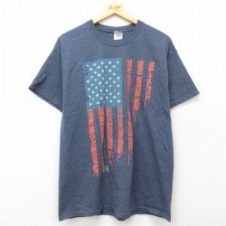 【20%OFF】L★古着 半袖 ビンテージ Tシャツ メンズ 00年代 00s 星条旗 コットン クルーネック 紺 ネイビー 霜降り 25may07 中古