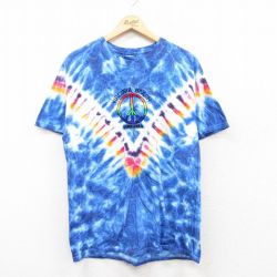 L★古着 ヘインズ Hanes 半袖 ビンテージ Tシャツ メンズ 00年代 00s ピースマーク 刺繍 コットン クルーネック 青他 ブルー 25may08 中古