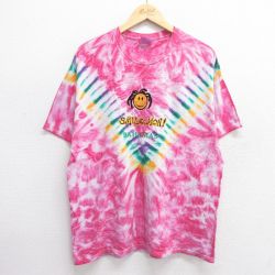 L★古着 ヘインズ Hanes 半袖 ビンテージ Tシャツ メンズ 00年代 00s スマイル バハマ 刺繍 コットン クルーネック 赤系他 レッド タイダイ 25may09 中古