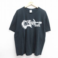 XL★古着 半袖 ビンテージ Tシャツ メンズ 90年代 90s ロックンロールの殿堂 ギター 大きいサイズ コットン クルーネック 黒 ブラック 25may09 中古