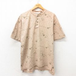 XL★古着 半袖 ビンテージ Tシャツ メンズ 00年代 00s 地図 大きいサイズ コットン ヘンリーネック ベージュ カーキ 25may13 中古