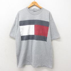 XL★古着 トミーヒルフィガー TOMMY HILFIGER 半袖 ビンテージ ブランド Tシャツ メンズ 90年代 90s ビッグロゴ 大きいサイズ コットン クルーネック USA製 グレー 霜降り 25may13 中古