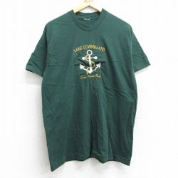 L★古着 半袖 ビンテージ Tシャツ メンズ 90年代 90s イカリ カンバーランド湖 刺繍 クルーネック 緑 グリーン 25may14 中古