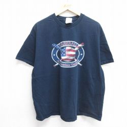 XL★古着 半袖 ビンテージ Tシャツ メンズ 00年代 00s ベースボール 大きいサイズ コットン クルーネック 紺 ネイビー 25may16 中古