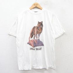 XL★古着 半袖 ビンテージ Tシャツ メンズ 90年代 90s オオカミ コットン クルーネック 白 ホワイト 25may19 中古
